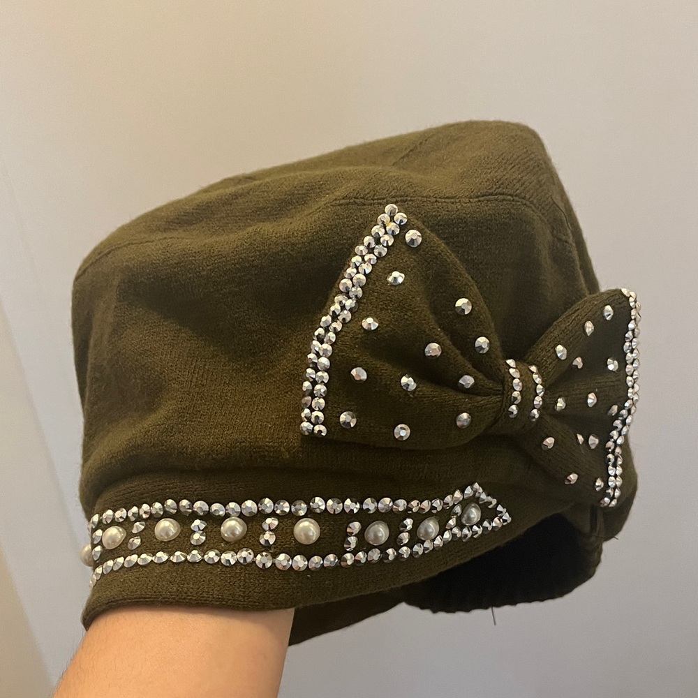 Olive Green Bow Accent Beanie with Rhinestones